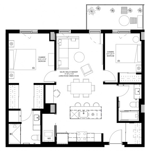 Floor plan for 2 beds, 2 baths, 926 sqft